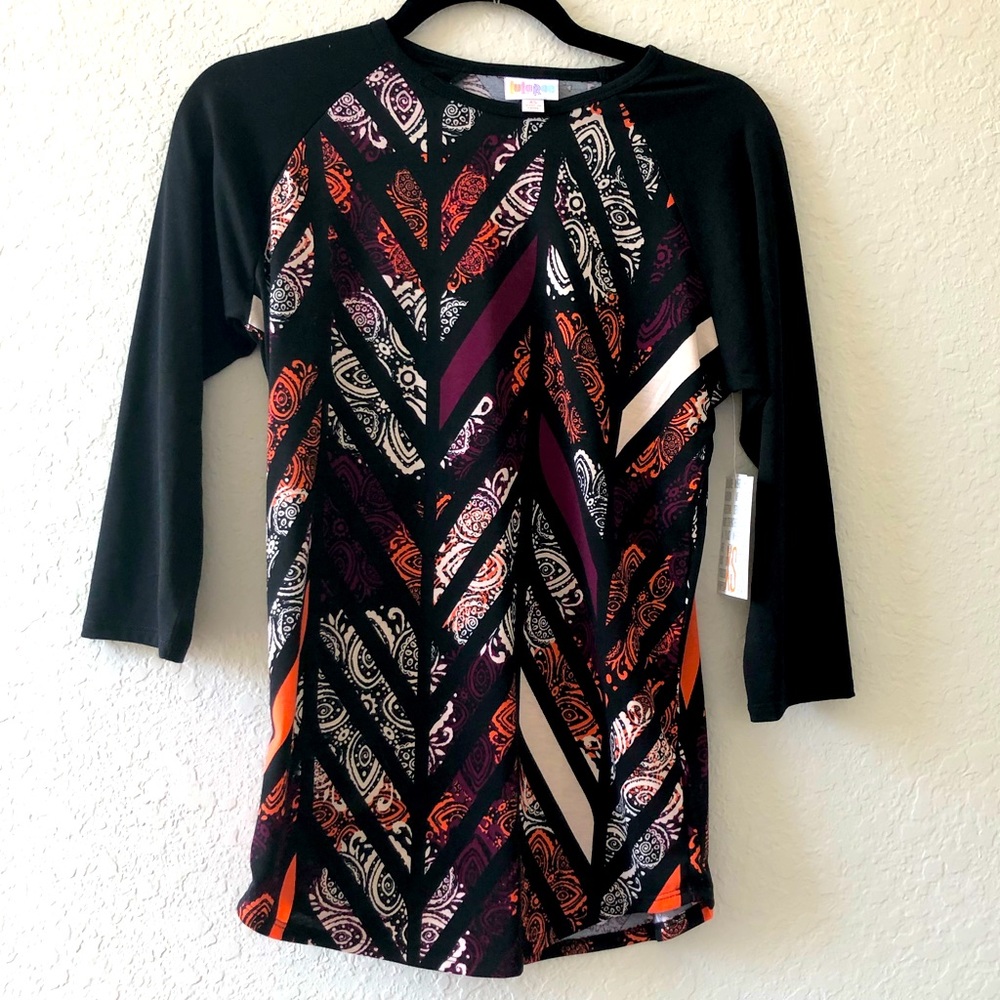 LuLaRoe Randy XS Henley Top Black Sleeves Purple Orange White Pattern